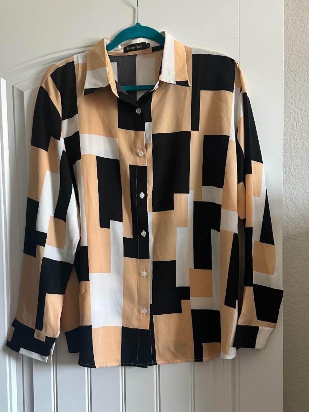 Beninos Button Up Collared Abstract Long Sleeve Blouse XL